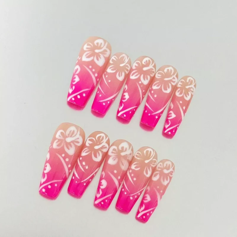 Pink Gradient Floral Nails in square shape for summer styling