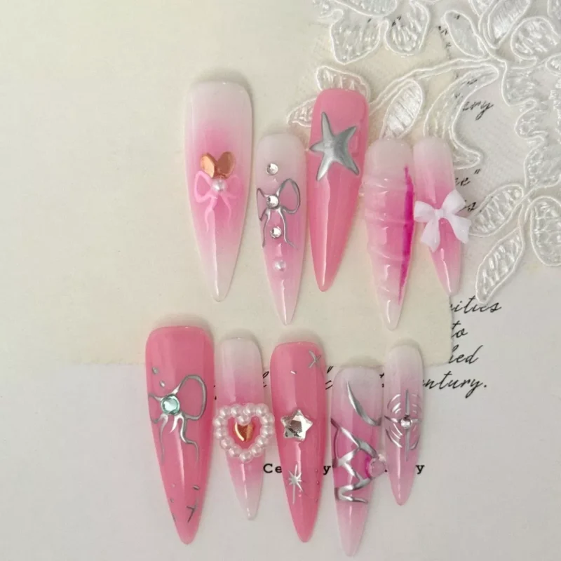 Sweet Wish Press-On Nails styled with romantic lace backdrop