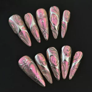 Pink and Silver Chrome Nails with Metallic Swirl Effect – Top View