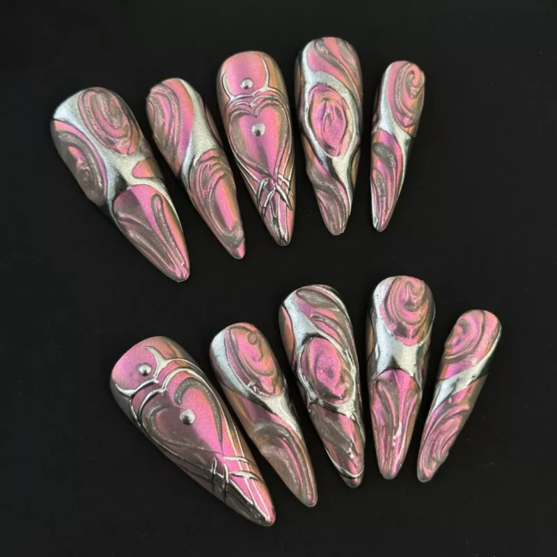 Pink and Silver Chrome Nails with Metallic Swirl Effect – Top View