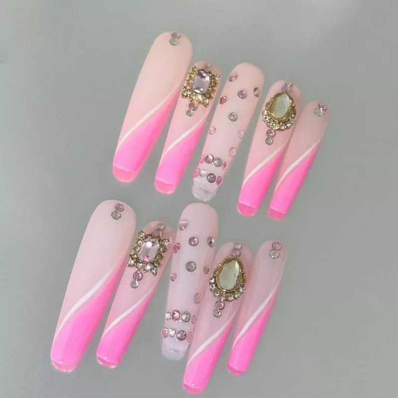Press-On Nails with Nude Pink Swirl Gradient and 3D Gem Accents