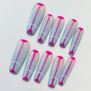 Long coffin-shaped nails with pink tips and black linear art, side perspective