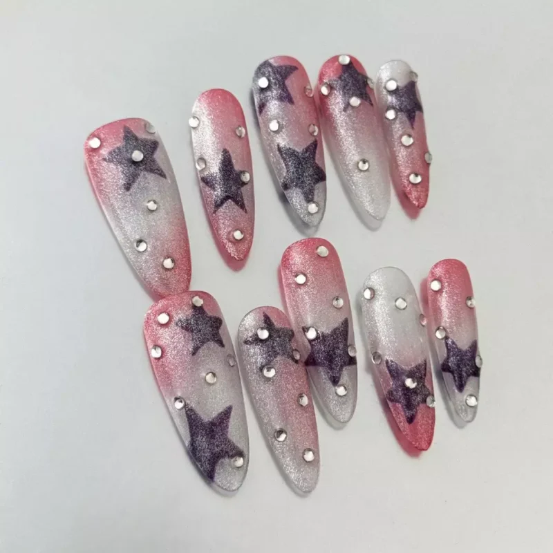 Press-on nails featuring a pink and purple gradient