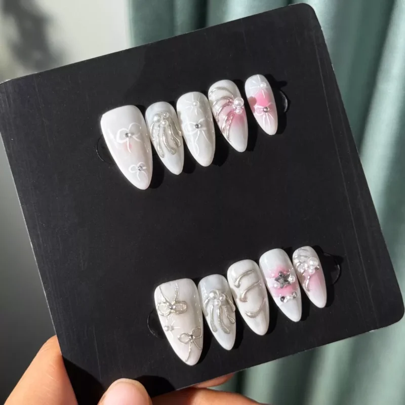 3D Bow Nails pink gradient pearl accents on display card