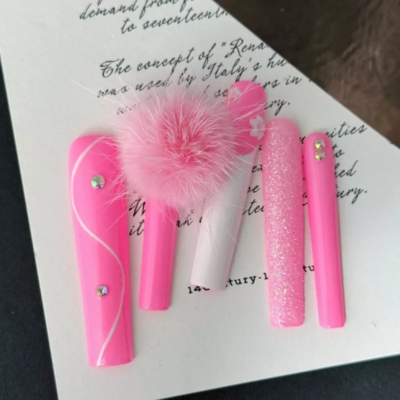 Swirl French Pink Press-On Nails with Fluffy Pom Accents