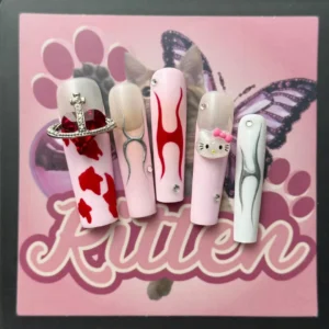 Y2K Punk Press-On Nails with Hello Kitty and Chrome Design