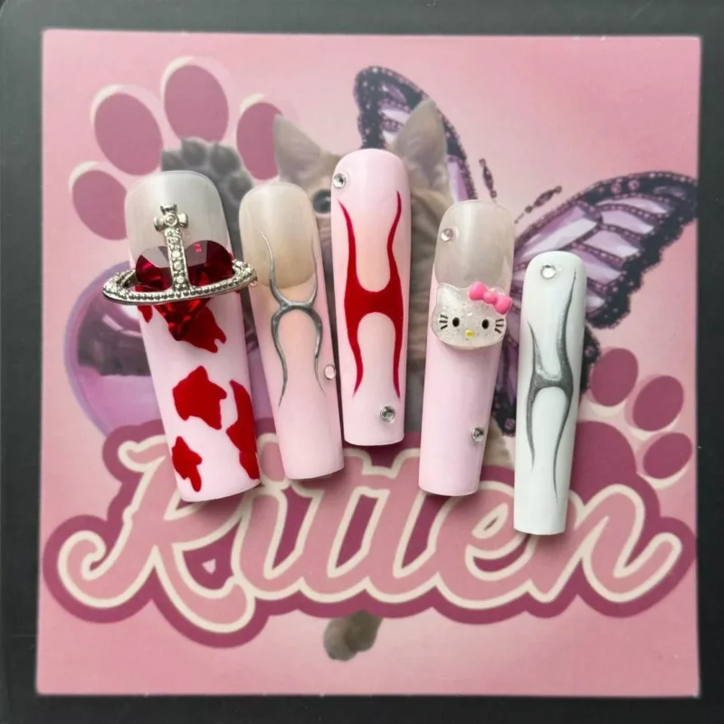 Y2K Punk Press-On Nails with Hello Kitty and Chrome Design