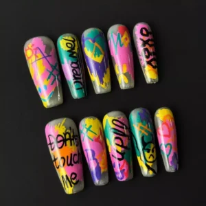 Colorful punk fake nails with multicolor street art graffiti and gloss coating