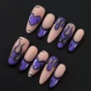 Purple Flame Heart Press-On Nails with nude base and vivid flame art - full hand view