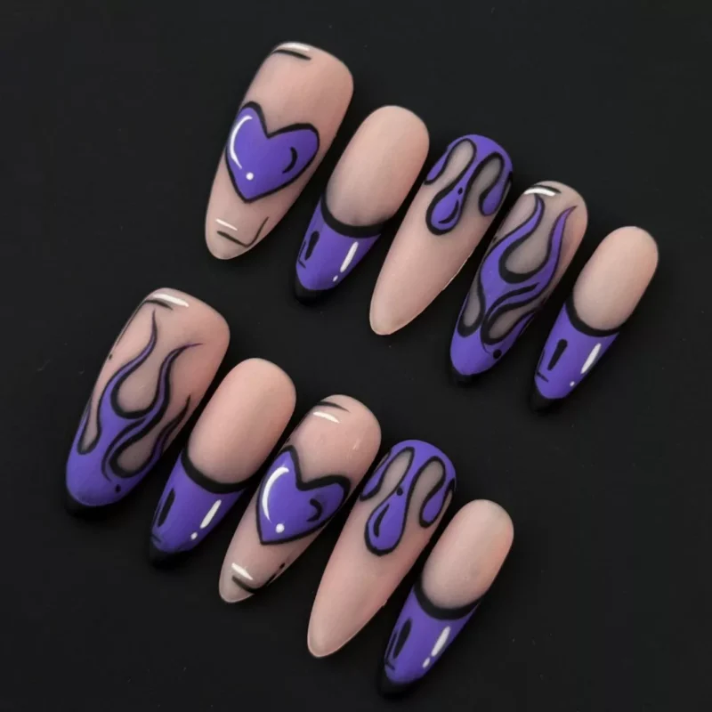 Purple Flame Heart Press-On Nails with nude base and vivid flame art - full hand view