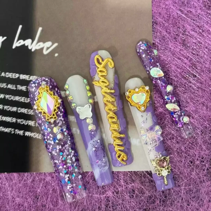 Purple Glitter Zodiac Nails with Heart Crystal and Key Motif