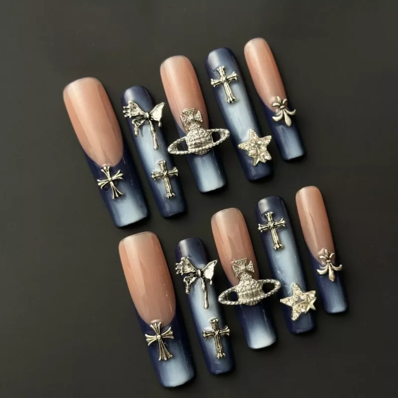 Blue Ombre Press-On Nails with Punk 3D Embellishments