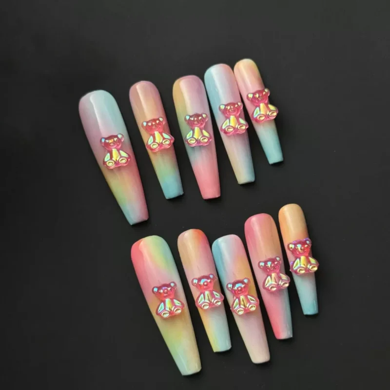 Rainbow Bear Press-On Nails – Cute 3D Gradient Teddy Style