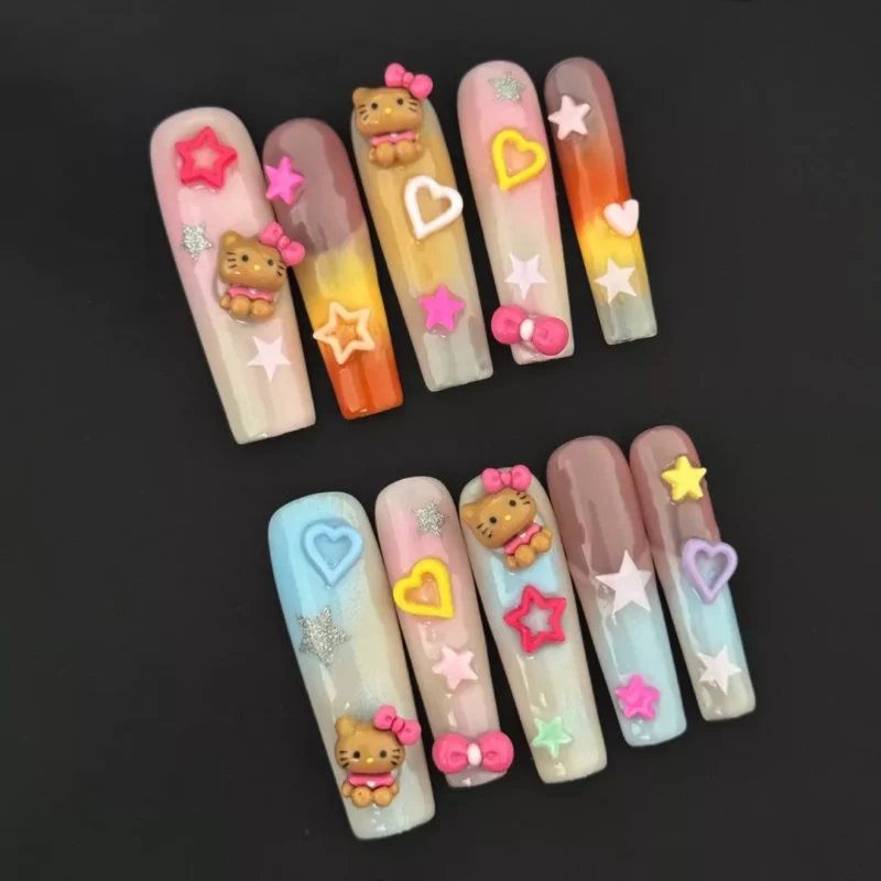 Rainbow Kitty Press-On Nails with pastel ombre base and 3D cartoon charms