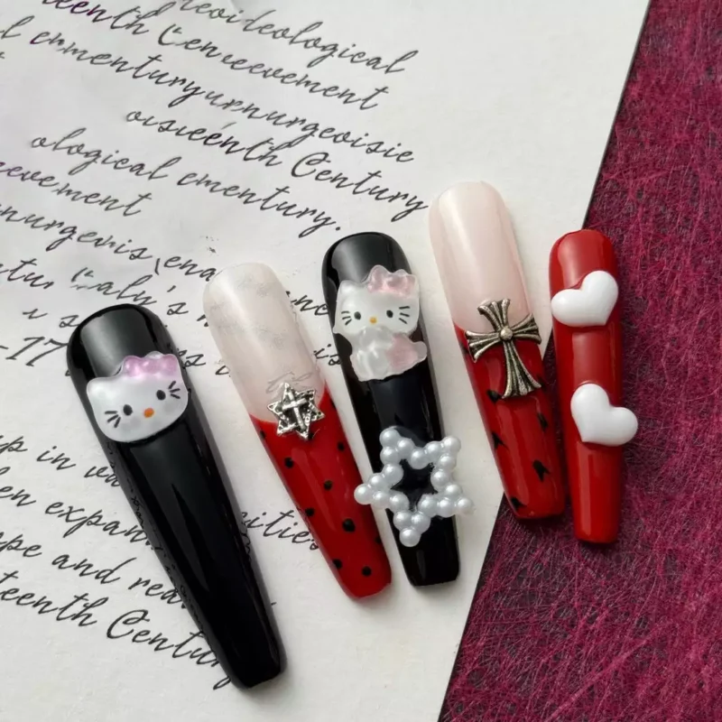 Long Coffin Red Black Press-On Nails with Kawaii Hello Kitty Design