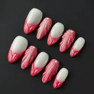 Red French Press-On Nails with sculpted pearl texture and elegant matte finish