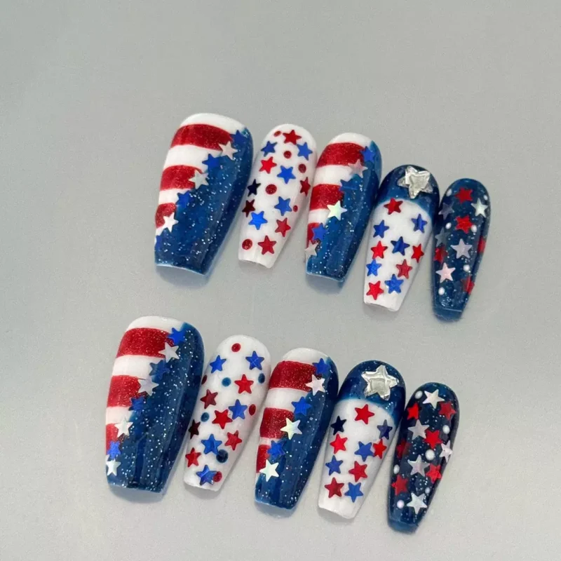 Medium square patriotic nails with star glitter and flag-inspired design