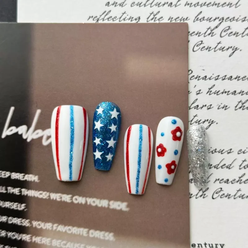 Patriotic Press-On Nails – Red White and Blue with Floral Accents