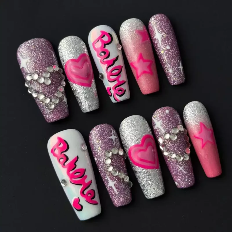 Rhinestone Heart Press-On Nails in glossy pink with bold letter charms