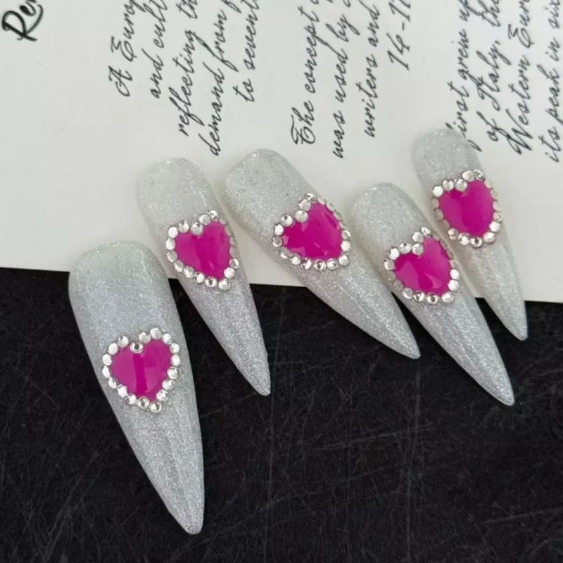 Glittery Heart Press-On Nails with Rhinestone Borders – Laser Heart Press-On Nails