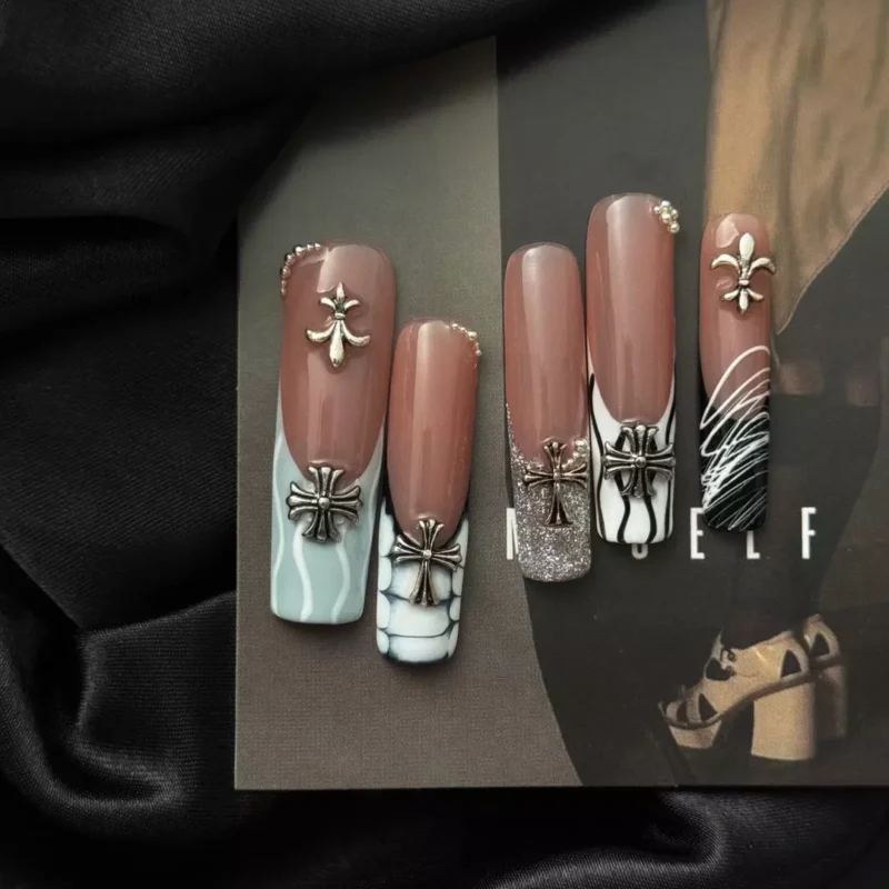 Rosy Cross Coffin Nails with Black White Line Art and Silver Embellishments