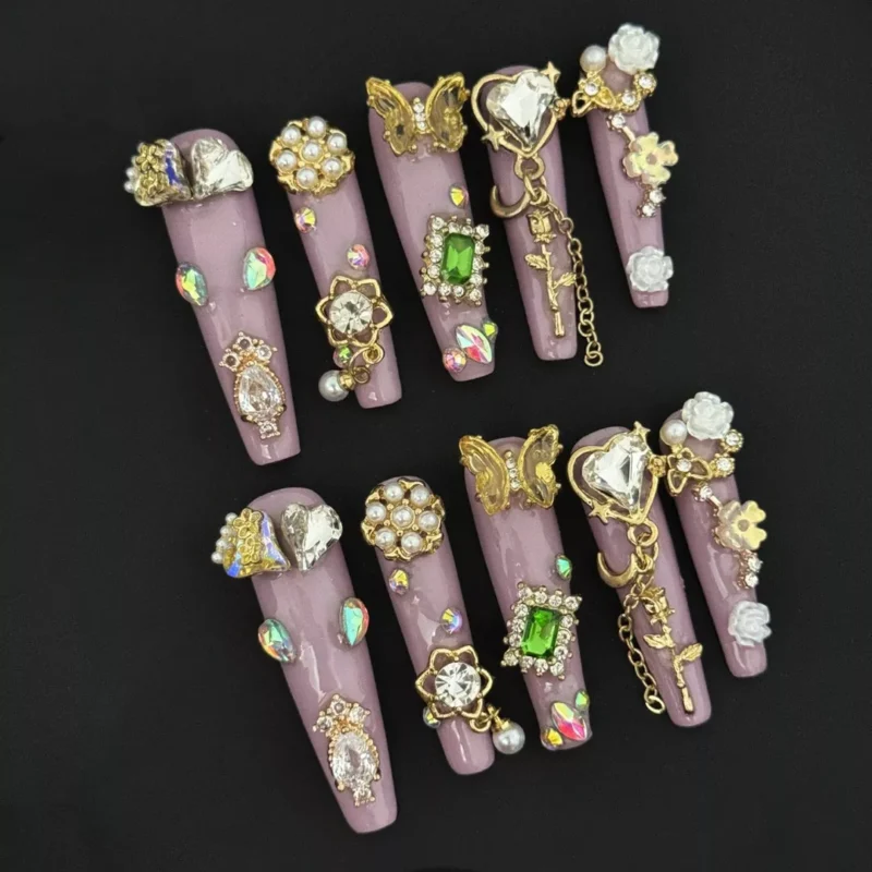 Royal Baroque Press-On Nails with 3D pearls, gold butterflies, and green gemstone accents