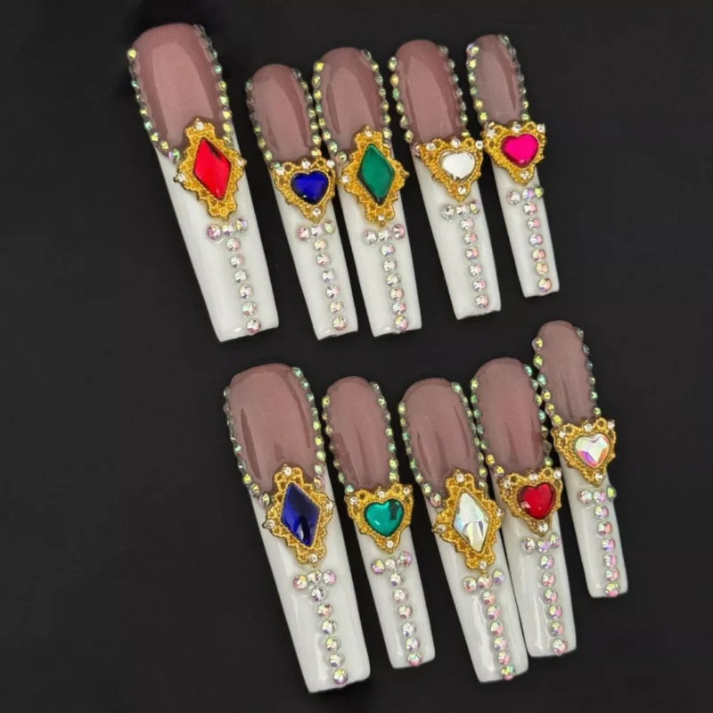 Royal Gem Press-On Nails with multicolor stones and white nude contrast