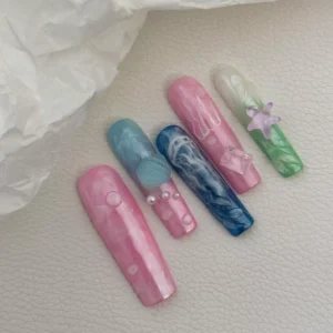 Side view of Underwater Dream Press-On Nails highlighting glossy finish and ocean theme
