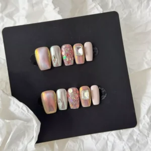 Side angle view of Square Gem Press-On Nails showing square shape and crystal decorations