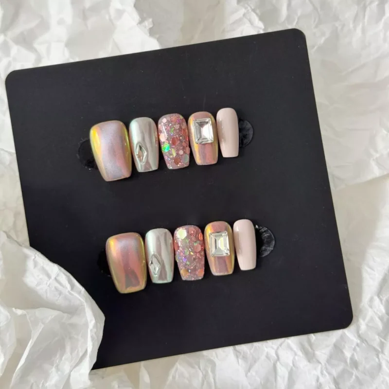 Side angle view of Square Gem Press-On Nails showing square shape and crystal decorations