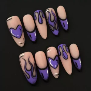 Side view of Purple Flame Heart Press-On Nails with glossy purple flames and cartoon heart motifs
