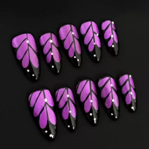 Side angle view of Glitter Purple Press-On Nails with glossy butterfly wing accents