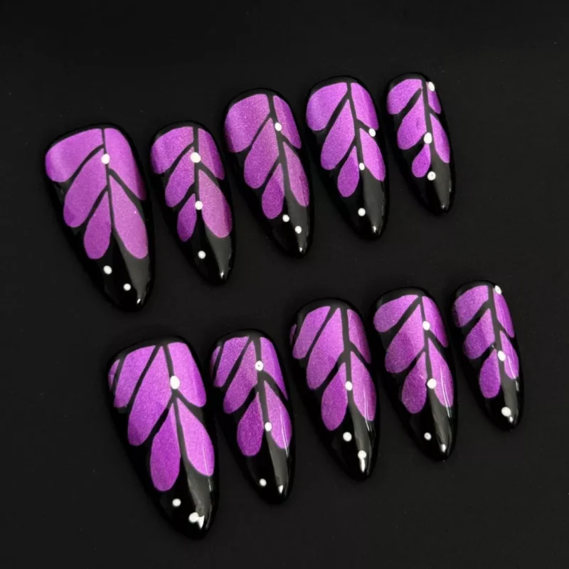 Side angle view of Glitter Purple Press-On Nails with glossy butterfly wing accents