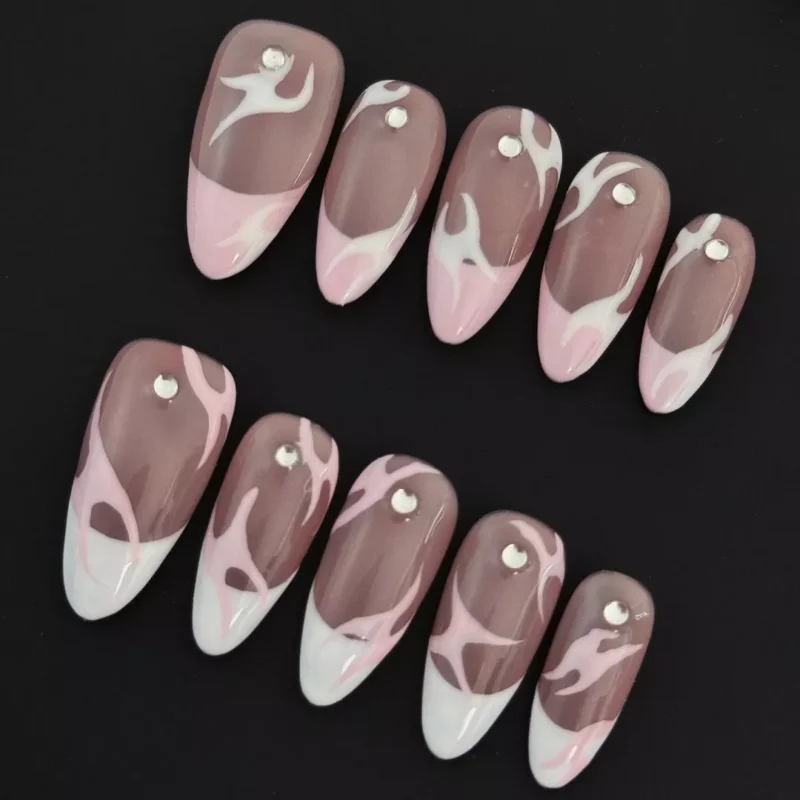 Side angle of Pink Flame French Press-On Nails with glossy two-tone flame effect