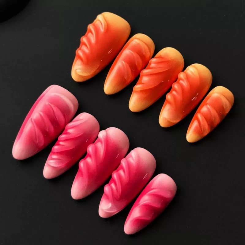 Side view of Gradient Press-On Nails showing carved wave texture and color transition