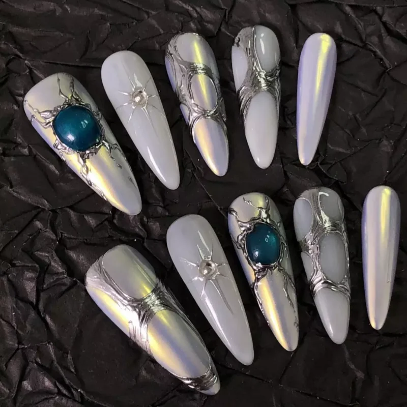 Cosmic Press-On Nails showcasing chrome finish and galaxy designs