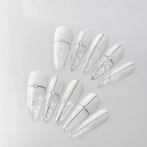 Silver Frost Press-On Nails featuring crystal accents and split metallic design