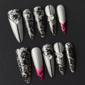 Elegant Stiletto Silver Lace Press-On Nails with fine gothic detail