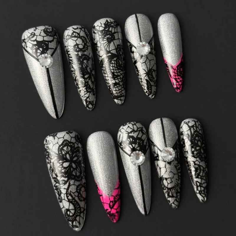Elegant Stiletto Silver Lace Press-On Nails with fine gothic detail