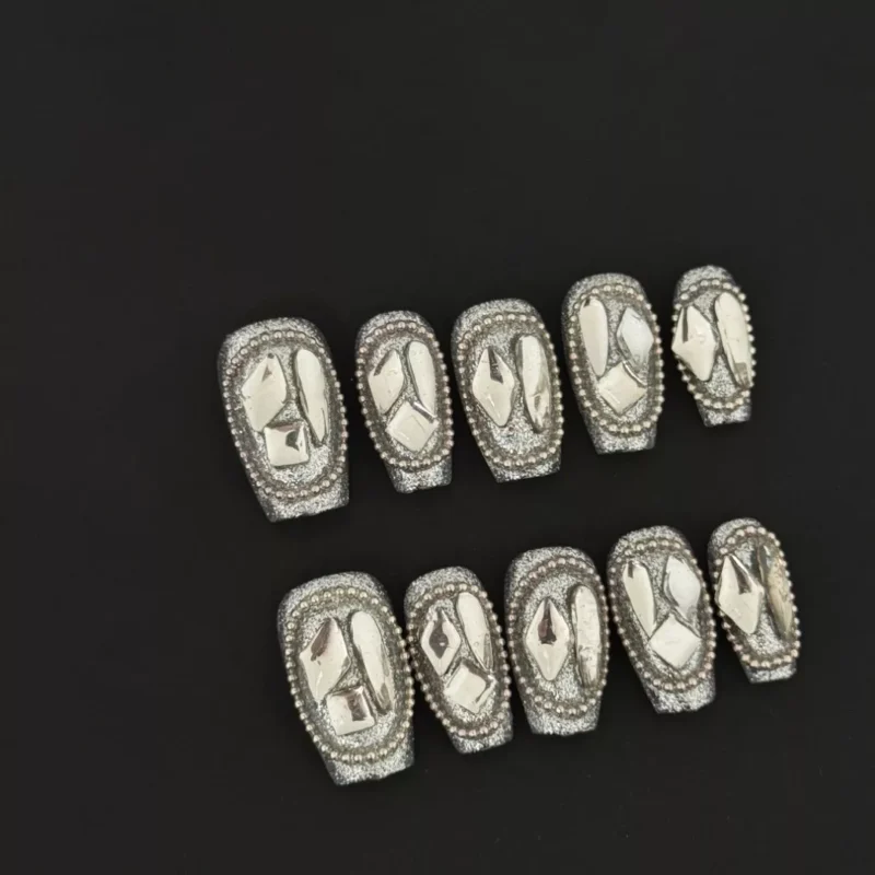 Silver glitter square press-on nails with irregular mirror accents - full set view