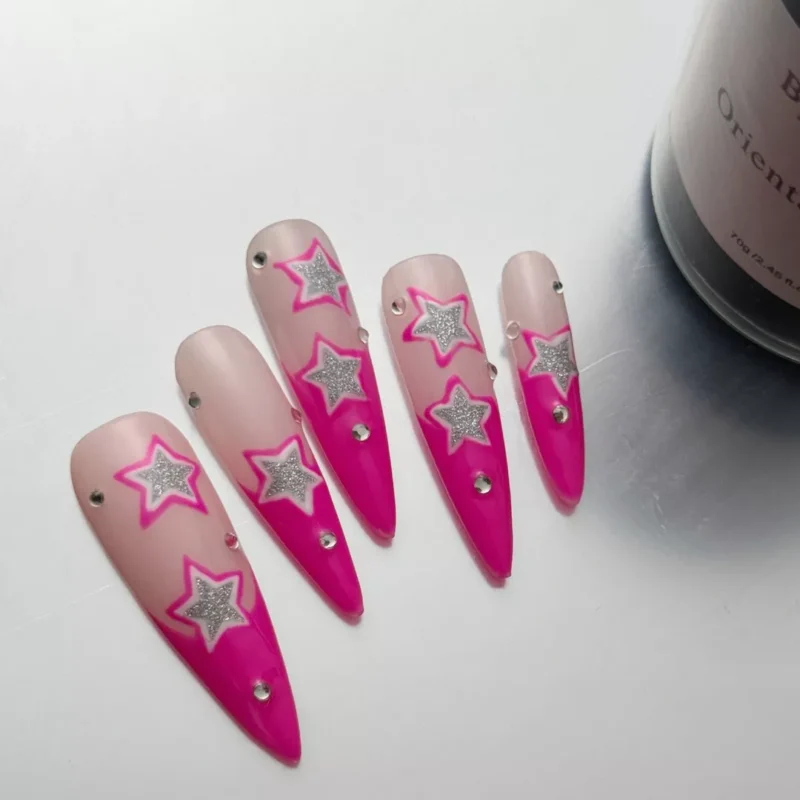 Glitter Star Nails in Long Stiletto Shape