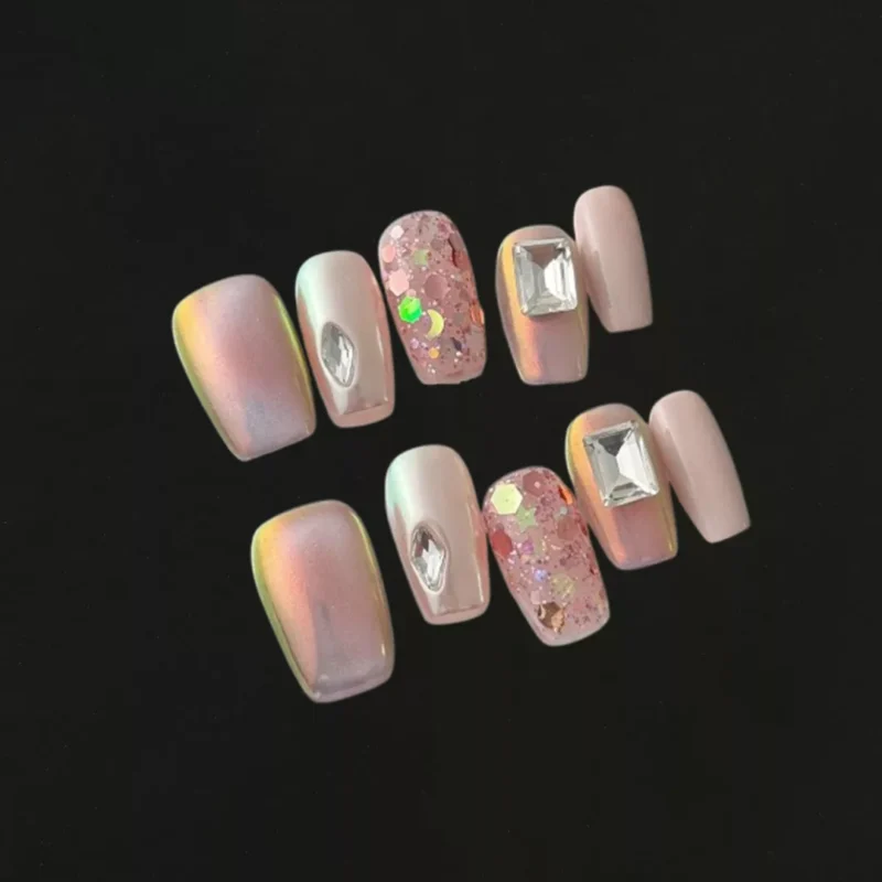 Square Gem Press-On Nails with glitter pink chrome and crystal accents - full view