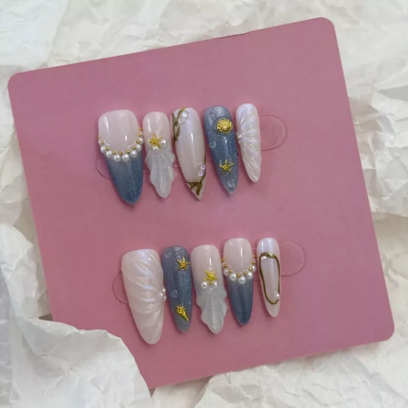 Ocean-Inspired Press-On Nails with Starfish and Seashell Design