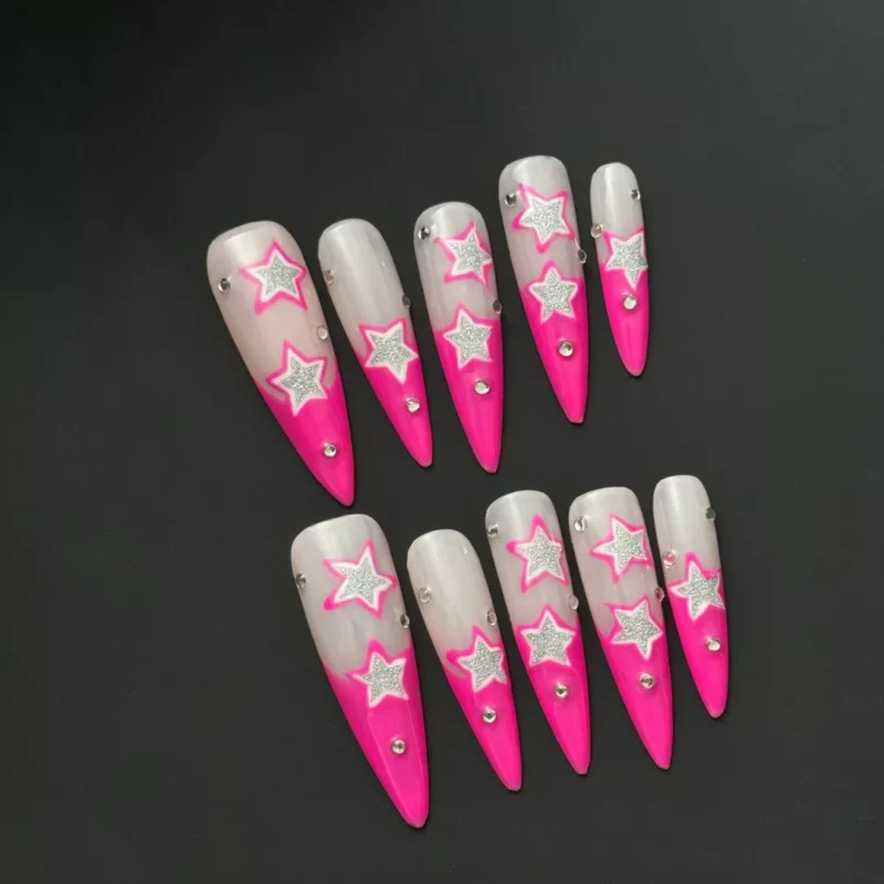 Starry Pink Press-On Nails with Glitter Star Accents