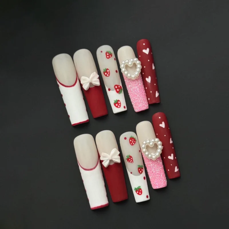 Strawberry Heart Press-On Nails with Pearl and Bow Accents