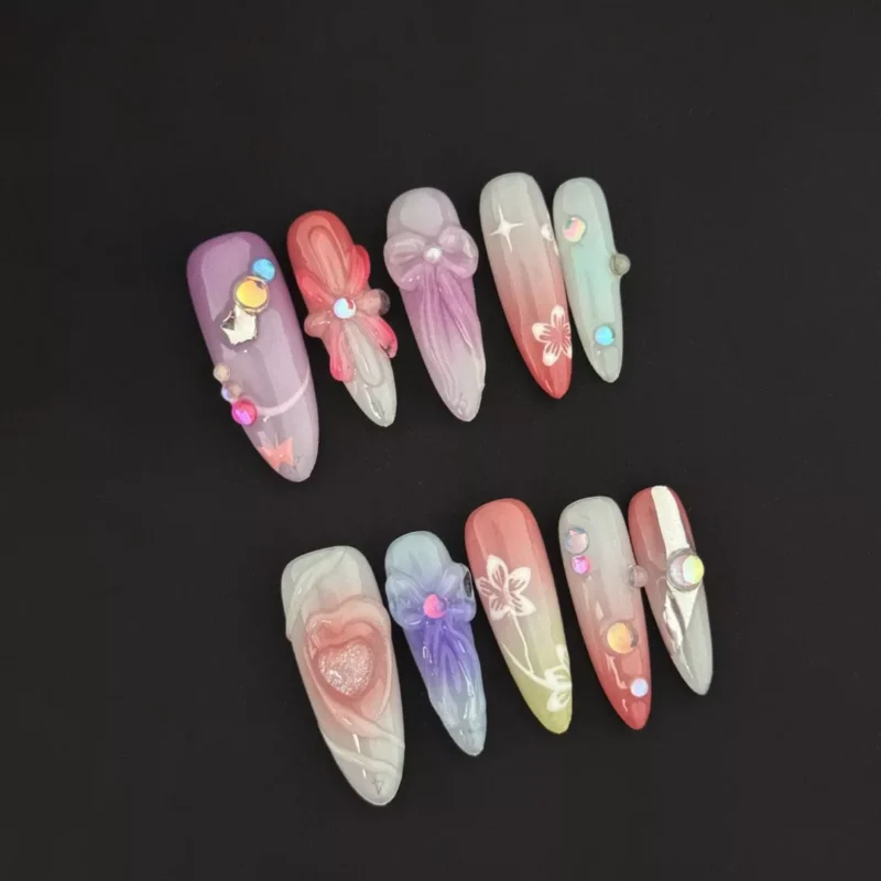 Summer Glow Press-On Nails with gradient pastel tones and crystal bows