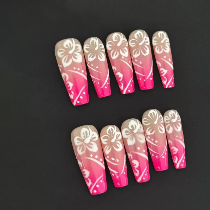 Summer Hibiscus Press-On Nails with pink ombre base and white floral print