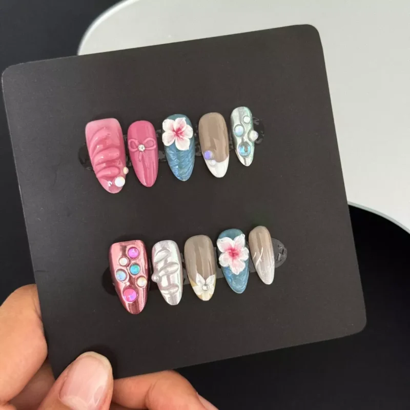 Tropical summer press-on nails set with 3D flowers and pearl accents