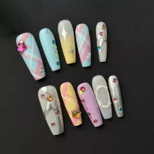 Sweet Punk Press-On Nails – Multicolor Glam Punk Style with Plaid and Gems