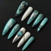 Teal Glitter Press-On Nails - Gothic Moon, Chain & Butterfly Metal Details 5 Teal glitter press-on nails with gothic butterfly and moon charm – full front set